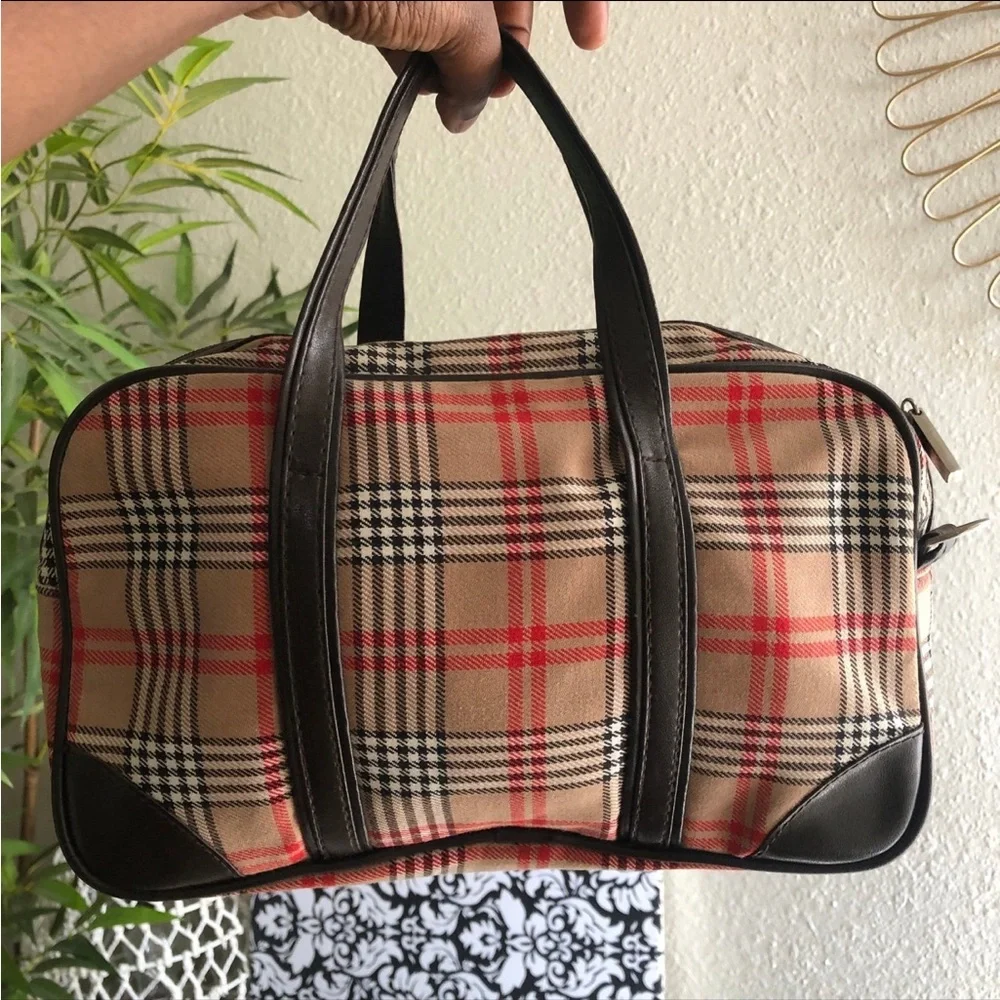 Brown red houndstooth plaid satchel tote hobo messenger mini suitcase bag purse